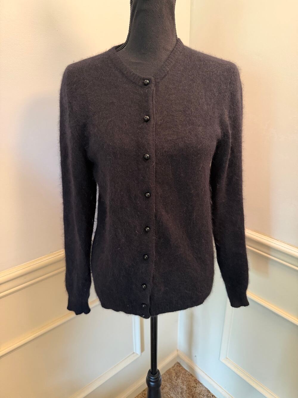 Vintage Lisa International Soft Angora Blend Cardigan Sweater Black Button Front
